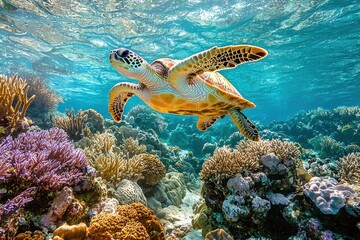 Fototapeta premium Graceful Sea Turtle in Vibrant Coral Reef Scene