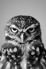 Obraz premium Intense Black and White Portrait of a Fiercely Staring Owl, Exuding Wisdom and Attitude with Detailed Feathers and Striking Eyes