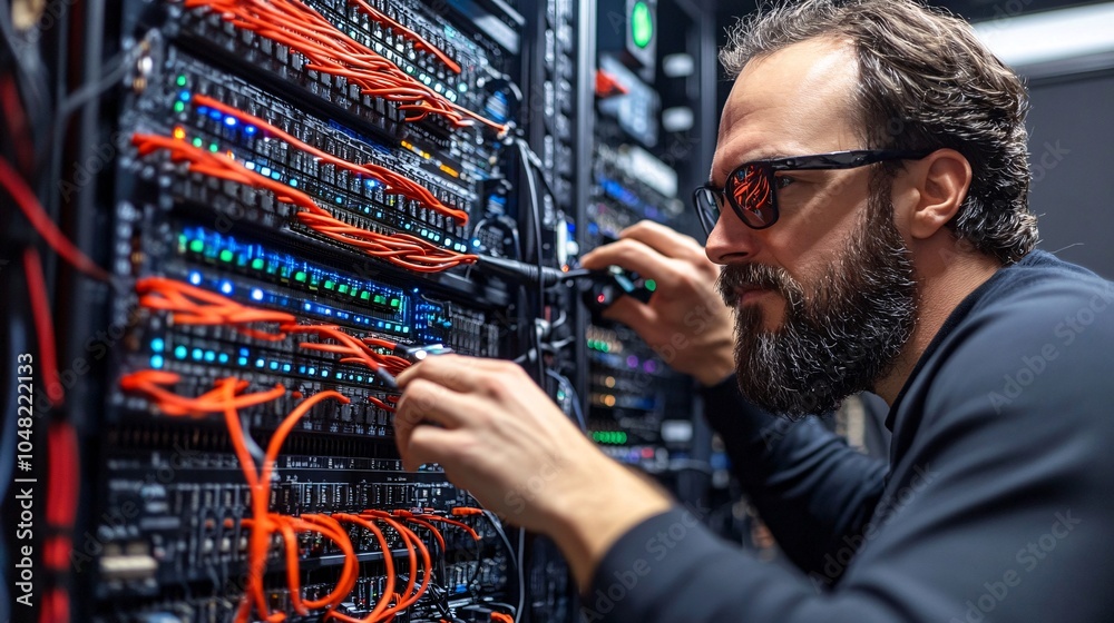 Poster Technician setting up high-speed Wi-Fi in a newly moved-in home showcasing the importance of connectivity Stock Photo with side copy space