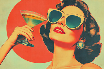 A vintage style illustration of a woman holding a cocktail