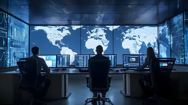 Global Logistics Control Room Monitoring Shipments and Supply Chain - Powered by Adobe