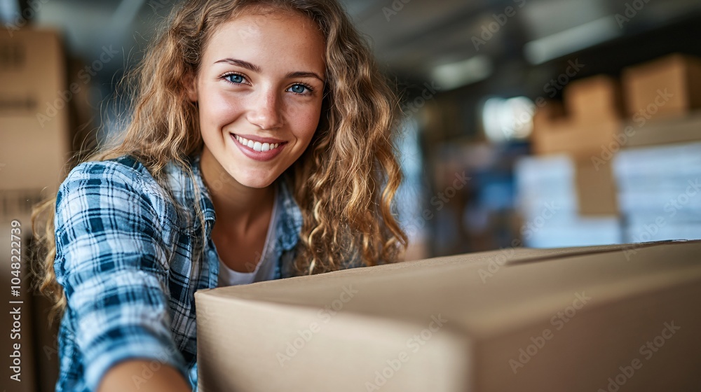 Poster young adults setting up a home office in their new apartment using modular furniture for a flexible 