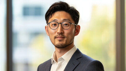 Fototapeta premium Professional man in suit with glasses, standing confidently in office environment, exuding sense of determination and focus