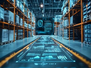 Futuristic Holographic Interface in Cutting Edge Logistics Warehouse Displays Virtual 3D Inventory Data