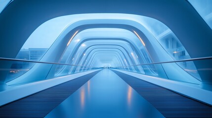 Obraz premium A futuristic architecture with blue color, floating bridge and white steel structure. The interior is illuminated in the style of the warm light of sunset