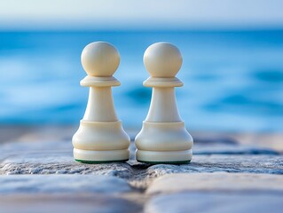 Two white chess pieces sitting on top of a stone ledge