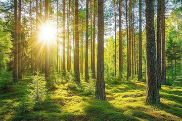 Obraz premium Sunlight Streaming Through a Lush Green Forest