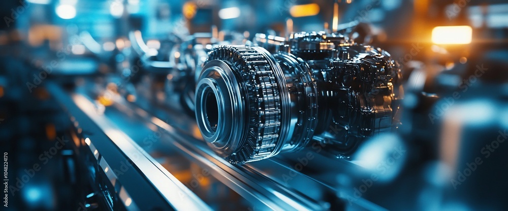Poster closeup of a shiny metal car engine part moving on a conveyor belt in a factory.