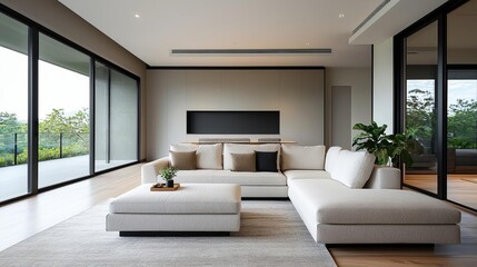 Contemporary living room featuring neutralcolored furniture, sleek design, and ample natural light  Modern home, Functional aesthetic