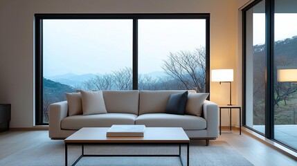 Obraz premium Minimalist living room setup with cozy neutral furniture, soft lighting, and large window views Comfortable modern home, Cozy minimalist
