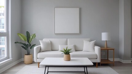 Minimalist living room with light gray walls, white furniture, and a single potted plant Simple sophistication, Calming space