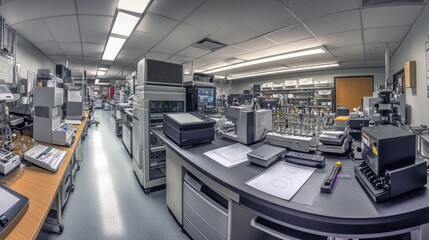 A modern laboratory with scientific equipment and workstations, ready for research and analysis.