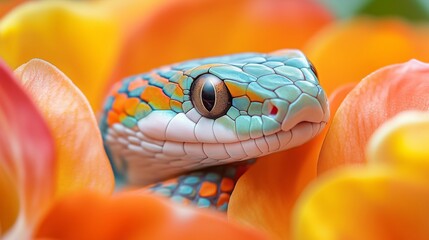 Fototapeta premium Close-up of a colorful snake among flowers