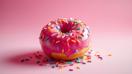 A single pink glazed donut with colorful sprinkles rests on a pink background, casting a soft shadow, inviting a sweet indulgence.