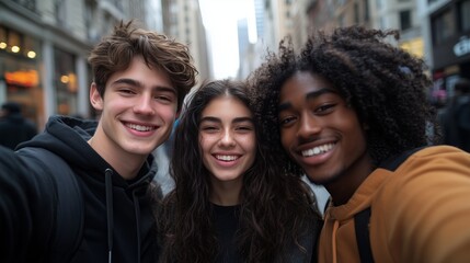 Fototapeta premium Three young friends, two men and one woman of different races smiling at the camera while taking a selfie in a city street.