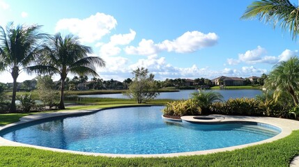 Calm backyard pool surrounded by palm trees and grass, with a bright blue sky above, perfect for a summer relaxation.