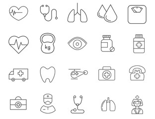  Medical specialties web icons in line style. Brain, dentistry, diagnosis, doctor, medicals. Vector illustration.  Vector