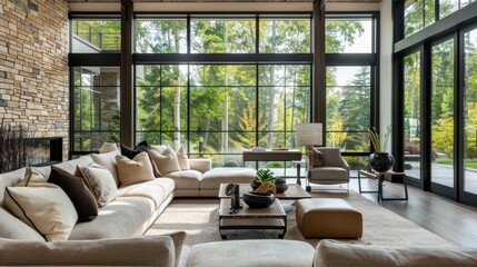 Modern Living Room with Stone Wall and Large Windows Overlooking Green Trees