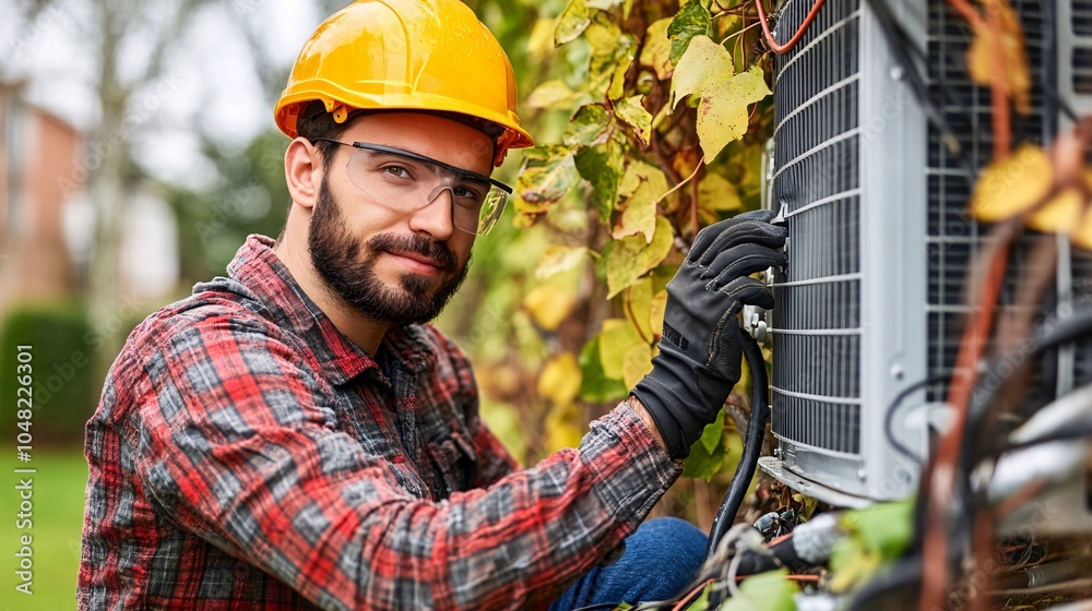 Poster technician installing an energy-efficient air conditioning system in a newly rented apartment focusi