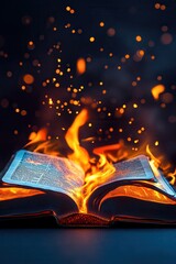 Obraz premium An open book engulfed in flames with sparks, symbolizing knowledge and transformation.