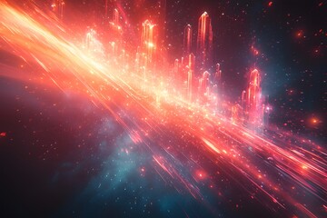 Fototapeta premium Vibrant cosmic skyline: neon streaks and celestial crystals in space
