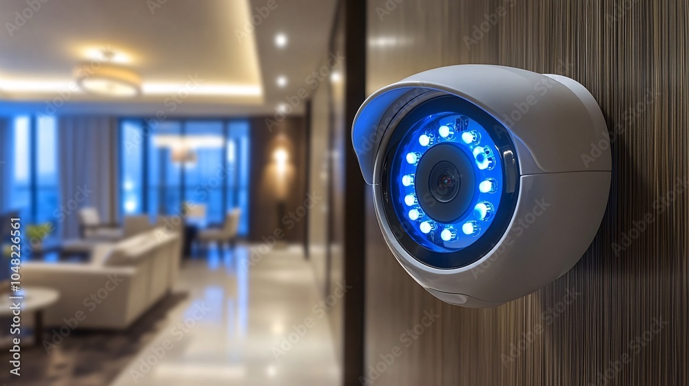 Poster Technician setting up a smart home security system in a modern apartment for a couple highlighting safety and convenience Stock Photo with side copy space