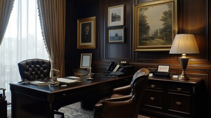 Elegant workroom with dark wood furniture, desk lamp, artwork on the walls, and leather office chair for a refined look.