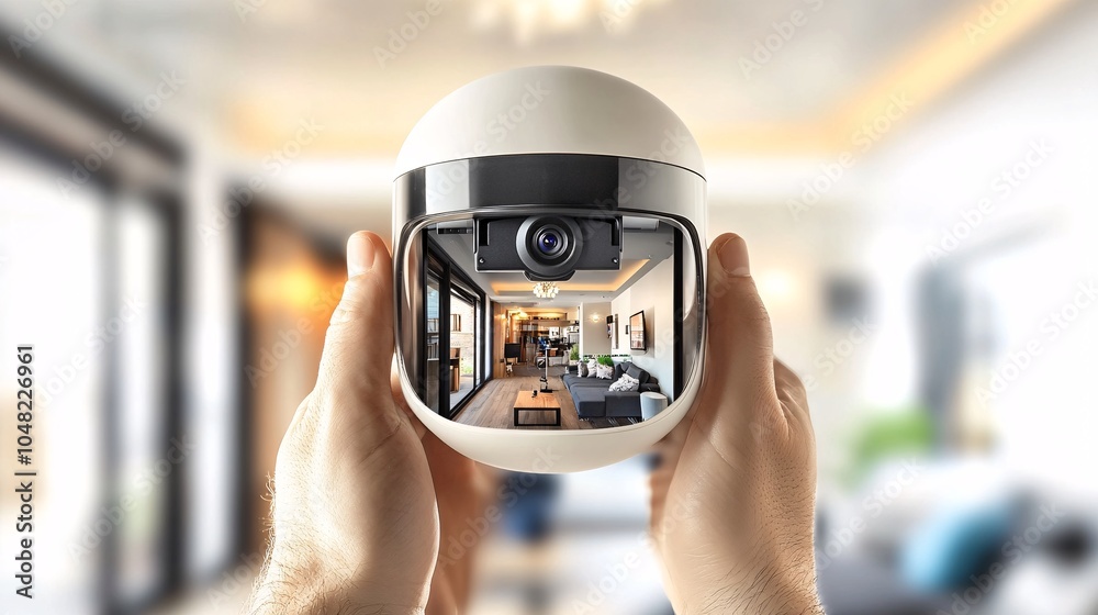 Poster Technician installing smart home security features including door cameras and motion sensors in a newly rented property Stock Photo with side copy space