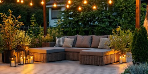 Fototapeta premium A cozy outdoor seating area adorned with plush cushions, lanterns, and string lights, creating a warm and inviting ambiance surrounded by greenery.