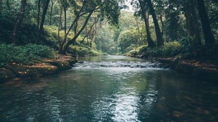 Obraz premium Tranquil river flowing through a lush green forest.