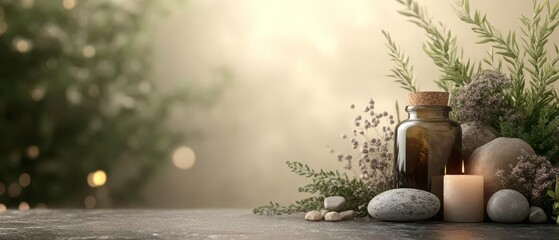 Traditional herbal medicine jars with healing stones and candles, 3D illustration