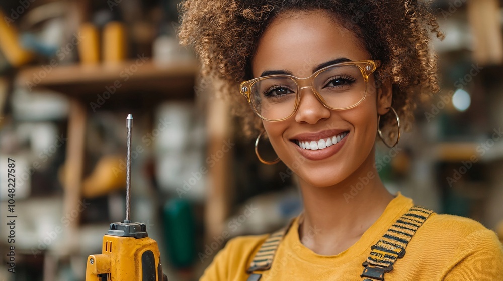 Poster woman using a cordless power screwdriver to assemble furniture at home showing confidence in tacklin