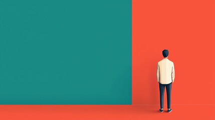 Obraz premium A solitary figure stands before contrasting colored walls, symbolizing decision-making and creativity in a vibrant environment.