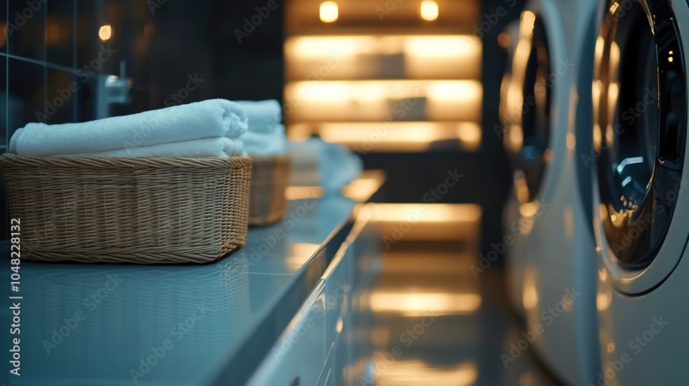Poster close-up of white towels folded and stacked in a wicker basket on a bathroom countertop with a washi
