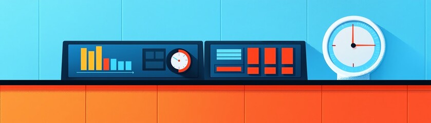 Naklejka premium Modern control panel with colorful graphs, dials, and buttons, set against a bright blue and orange background.