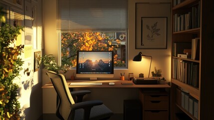 Small but cozy workroom with organized desk, computer, soft chair, and a lamp, creating a productive space in limited space.