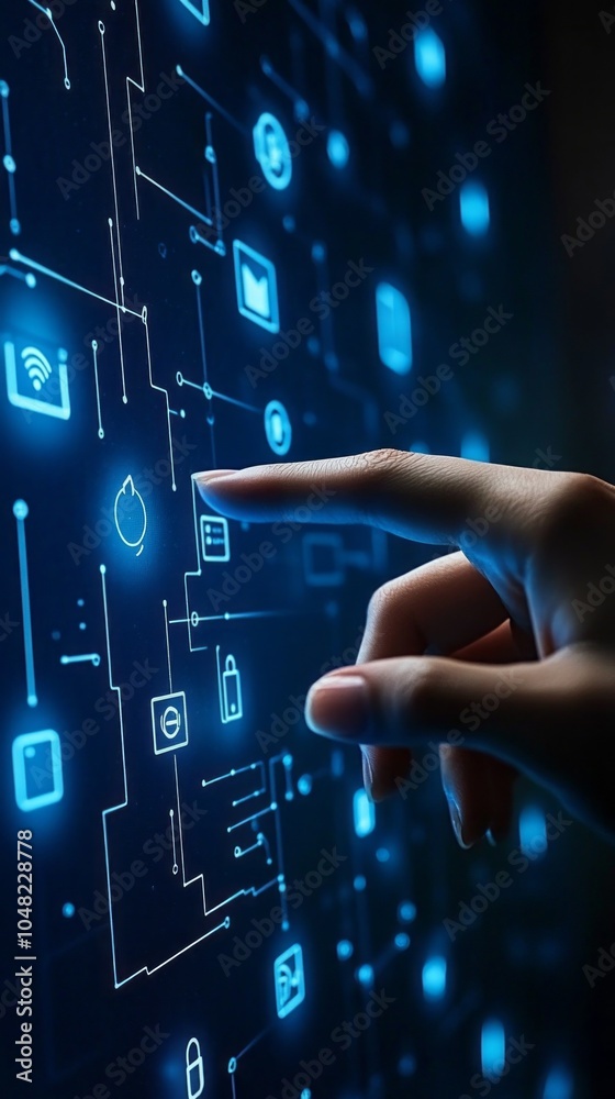 Poster a hand is pointing at a screen with a lot of icons and a green light