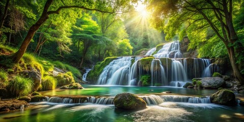 Fototapeta premium Hidden Waterfall in Lush Green Forest - Serene Summer Landscape Photography