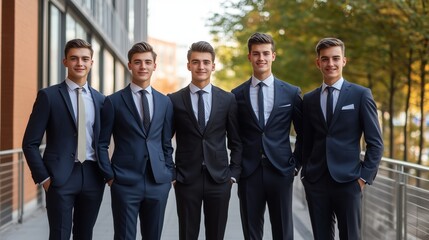 Fototapeta premium 5 young men in business suits posing for the camera, standing on the street