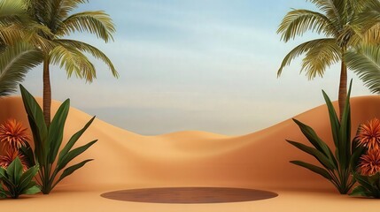Desert oasis with a small pond of water surrounded by palm trees, vibrant flowers, and golden dunes, desert oasis, rare water source