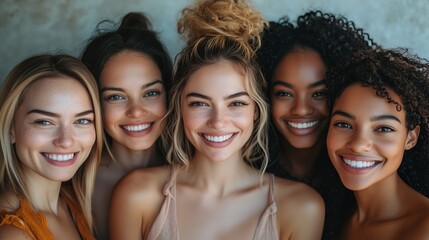 Obraz premium A diverse group of women smiling and posing for the camera, representing beauty diversity in skincare advertising