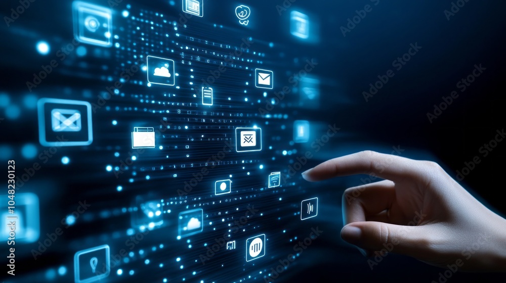 Aufkleber a hand is pointing at a screen with a lot of icons and buttons
