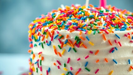 Fototapeta premium Close-up of a frosted cake decorated with colorful sprinkles, showcasing the delicate texture and vibrant hues of the celebratory treat.