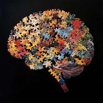 Rompecabezas en forma de cerebro humano, representando la complejidad de la mente y el aprendizaje en piezas multicolores sobre fondo negro