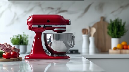 A red kitchenaid mixer on the counter of an all white modern and bright kitchen, with ingredients like steak, vegetables and fruits around it