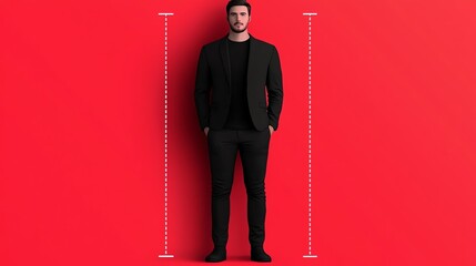A man in a sleek black suit stands confidently against a vibrant red backdrop, embodying modern professionalism and style.