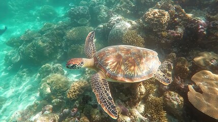 Fototapeta premium Vibrant Coral Reef with Turtles and Diverse Marine Life