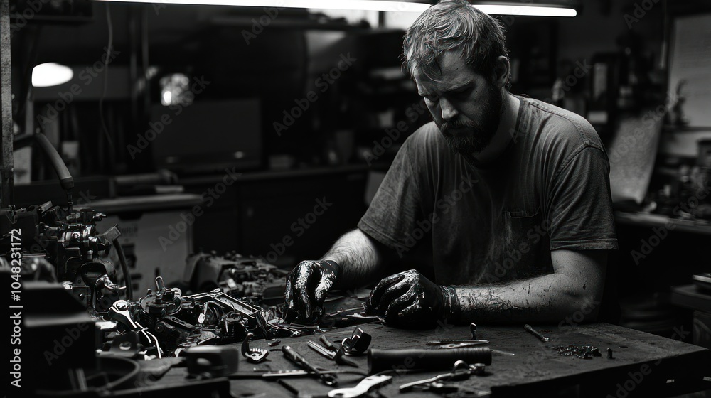 Poster a mechanic working on engine parts in a garage