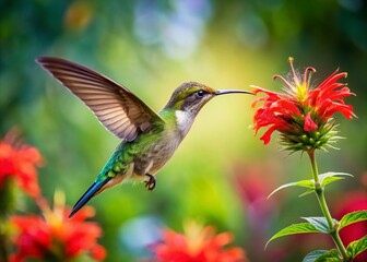 Naklejka premium Hummingbird in Mid-Flight Feeding on Bright Red Flower - Nature's Delicate Interaction of Flora and Fauna