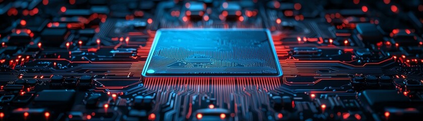 A close-up view of a computer chip surrounded by illuminated circuits, showcasing modern technology and digital innovation.